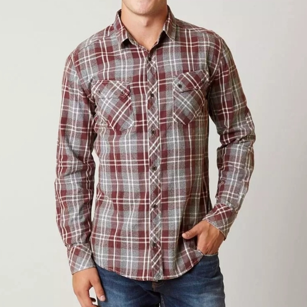 Buckle Exclusive Outpost Makers Maroon and gray men's size LG button Down